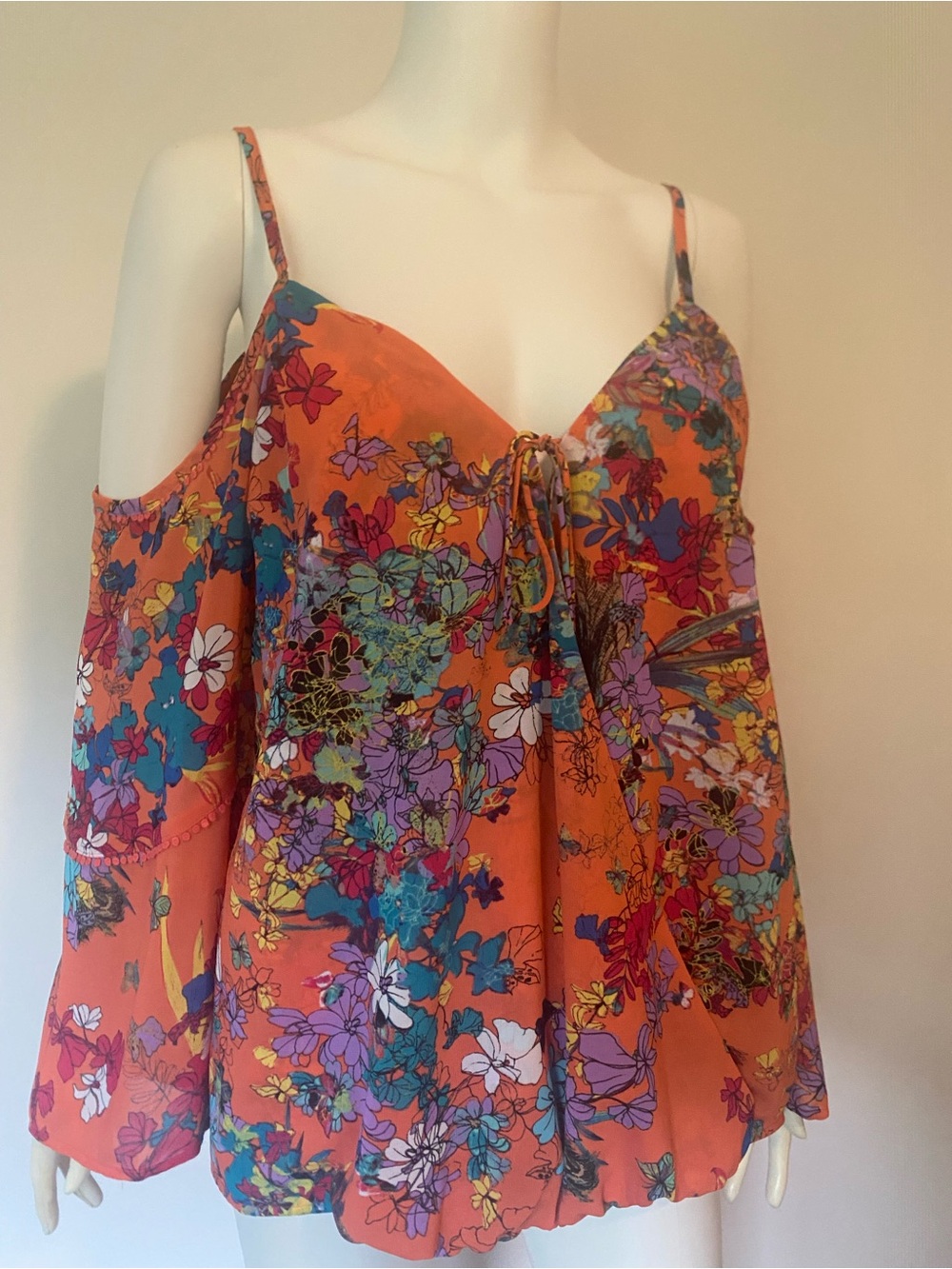 Nicole by Nicole Miller Orange Floral Cold-Shoulder Tie-Front Top